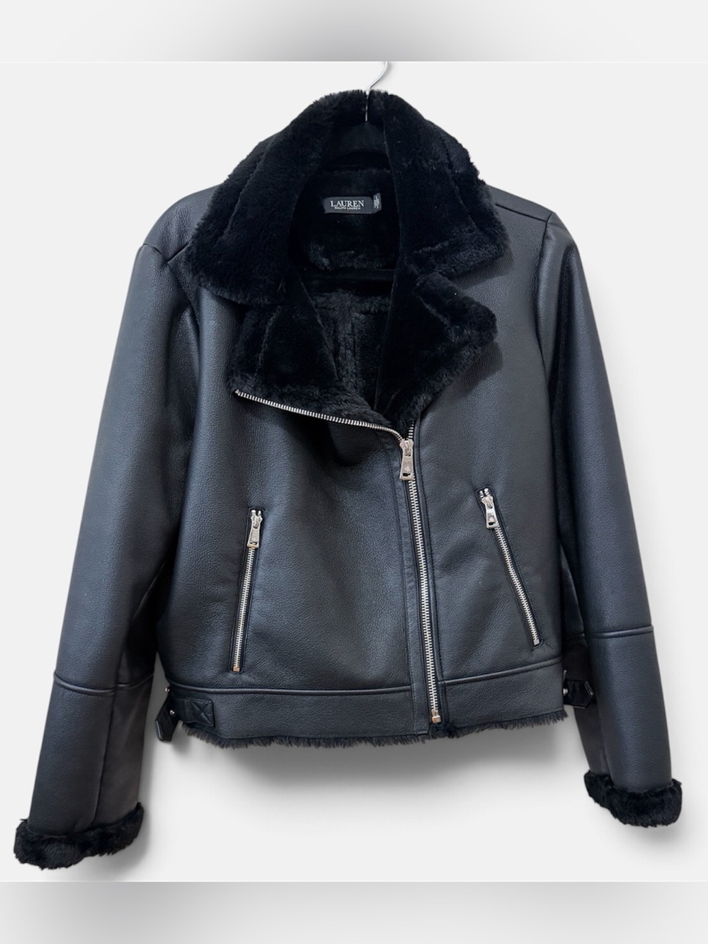 Ralph Lauren Faux Shearling Fur Moto Jacket Black Quiet Luxury Minimalist Large